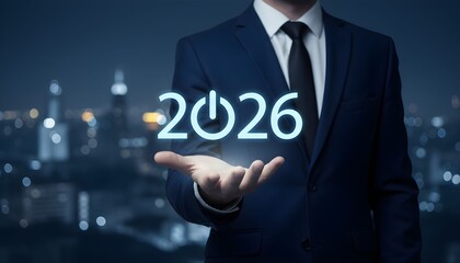 A businessman in a suit holds the year 2026 with a power button symbol in the center of the digits, symbolizing the start of a new era or future plans.