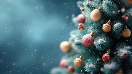 Close-up of a snow-dusted christmas tree with festive ornaments and falling snow