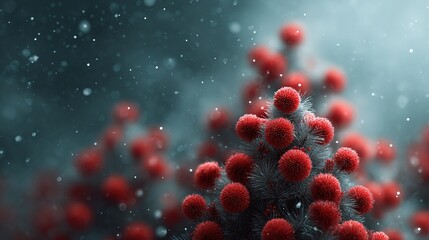 Vibrant red spiky spheres on winter branches with falling snow bokeh