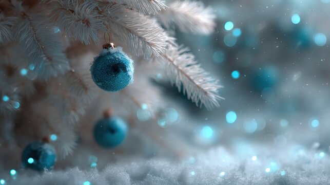 Sparkling blue christmas ornament on a white frosted tree with ethereal bokeh lights and gentle snowfall