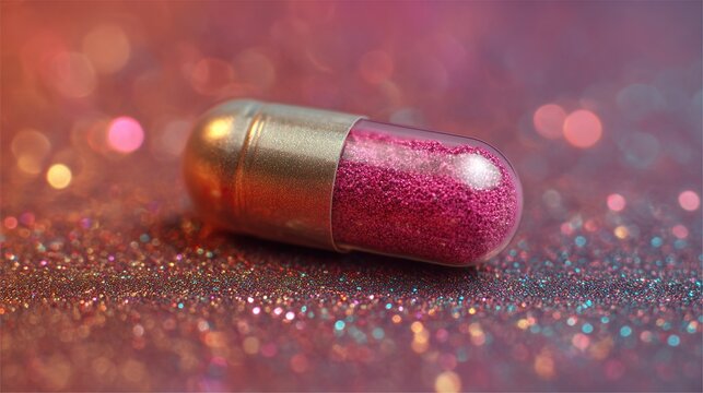 Sparkling pink glitter capsule on a vibrant bokeh background, suggesting magic and festive celebration