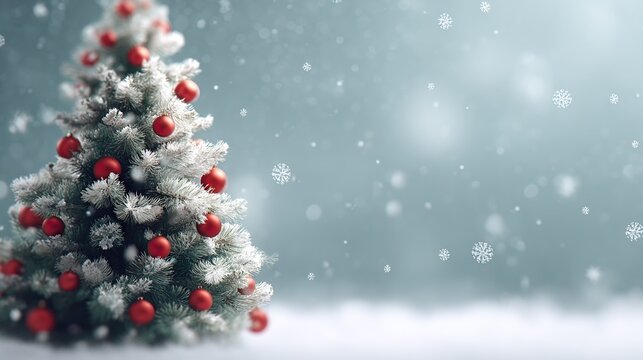 Frosted christmas tree adorned with red ornaments and sparkling snowflakes in a serene winter setting