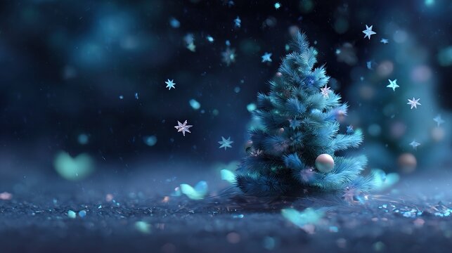 Enchanting blue christmas tree glowing amidst falling stars and bokeh - Powered by Adobe