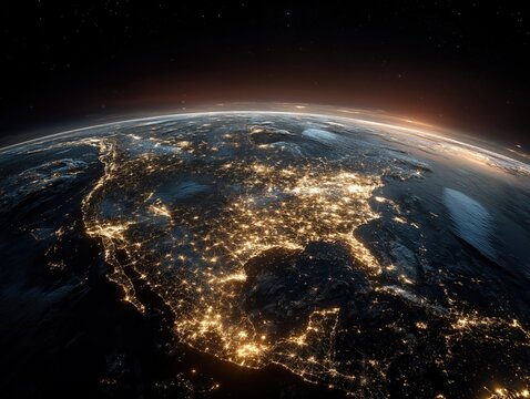 Stunning view of North America from space at night, city lights glowing, a vibrant reminder of connectivity and global reach, perfect for technology themes