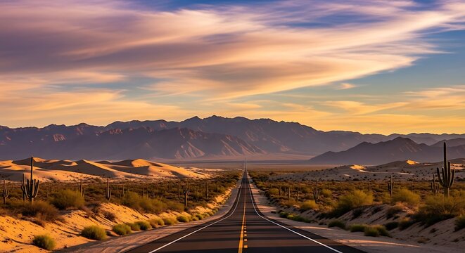 Desert highway stretches toward distant mountains under a colorful sunset sky.