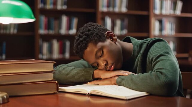 Exhausted young African American student sleeping on open book - Powered by Adobe