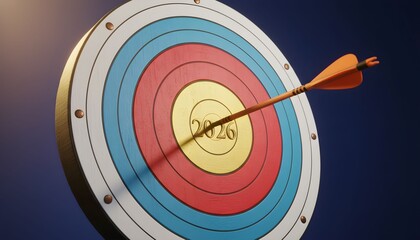 An arrow has hit the bullseye of a target with the number 2826 printed on it.