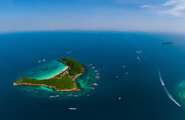 Fototapeta premium Beautiful island Koh Sak with white beach and turquoise sea, Pattaya Thailand, aerial view