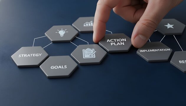 A hand places an "ACTION PLAN" tile into a strategic business planning network, illustrating goal setting and implementation.