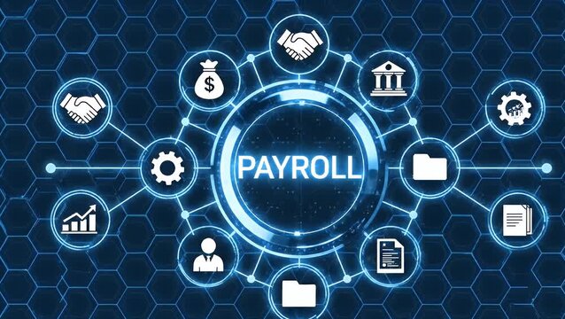 Blue digital payroll interface with business process icons