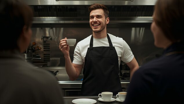 Coffee Server Greets Customers With a Warm Smile in Busy Restaurant Kitchen