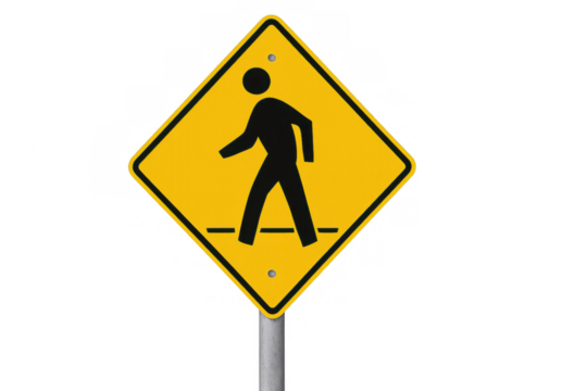 Pedestrian crossing sign with black human figure symbol on yellow diamond shape, indicating active crosswalk or shared road