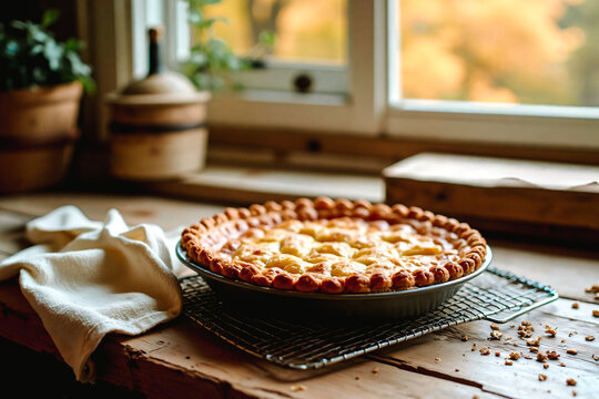 Tarte dans son oule sur une grille pos&eacute;e devant une fen&ecirc;tre