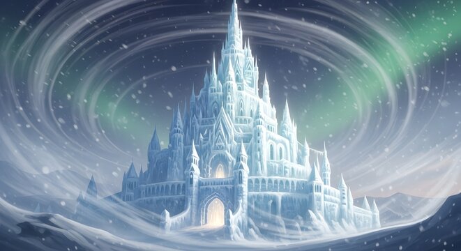 An elaborate ice castle stands majestically against a swirling, snowy sky with hints of green aurora borealis.
