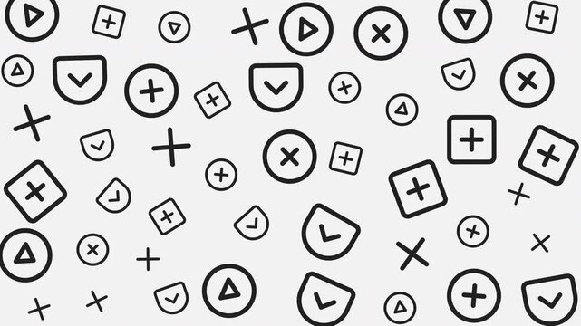 Seamless pattern of black outlined geometric shapes including circles, crosses, squares on white background, graphic design, flat view, abstract concept