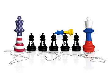 Chess made from flags of Russia, USA and Ukraine with word PEACE