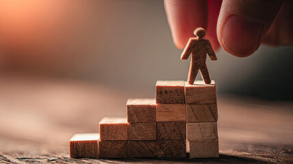 Tiny human figurine standing on top of wooden blocks arranged like stairs with a hand reaching down from above