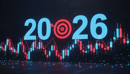 Financial concept image with the year 2026, a target, and a stock market graph.