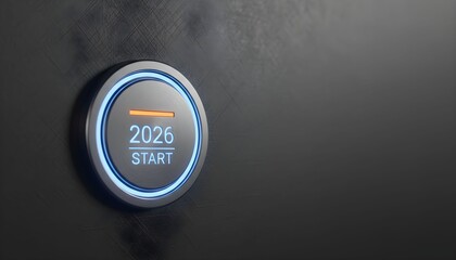 Illuminated button with the year 2026 and the word START on a dark background.