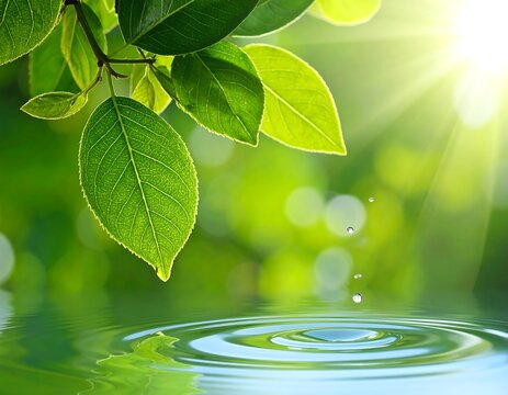 Close-up of green leaves with sunlight and water droplets creating ripples on the water's surface, reflecting the sunlight