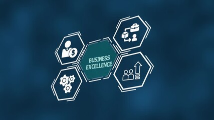 Dynamic business excellence concept featuring modern line icons representing growth, strategic planning, performance metrics, and decision-making for organizational success.