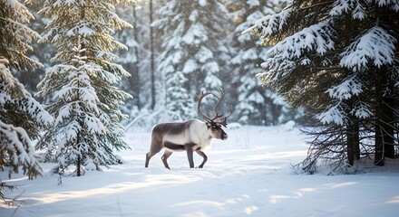 A lone reindeer walks through a snow-covered forest, surrounded by frosted evergreen trees.