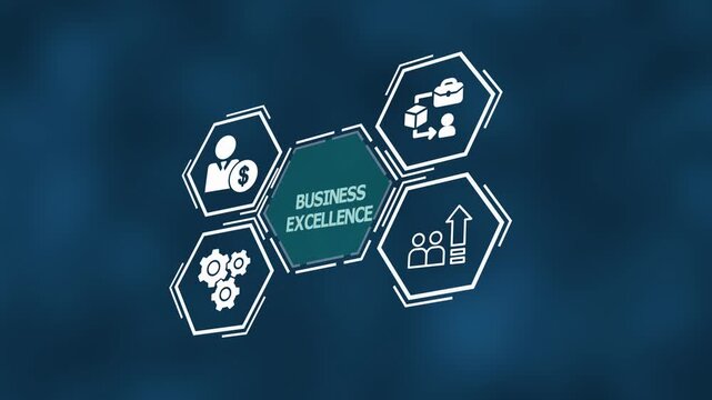 Dynamic business excellence concept featuring modern line icons representing growth, strategic planning, performance metrics, and decision-making for organizational success.