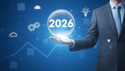 Businessman holding a crystal ball with the year 2026, symbolizing future business strategy and technological innovation.