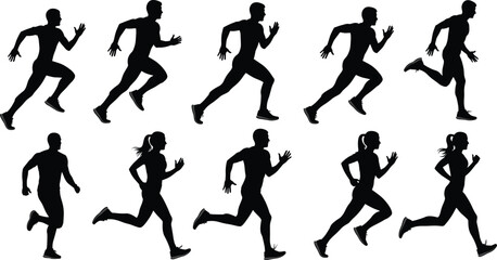 Flat vector silhouettes of male and female runners in motion, jogging, sprinting, athletic training, fitness exercise, sports illustration, running cycle