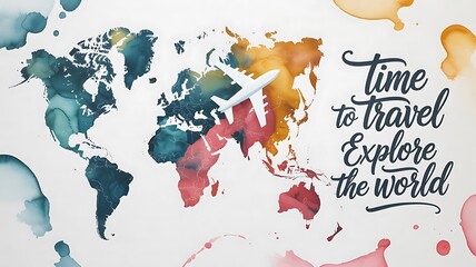 Watercolor world map with airplane and inspirational travel quote