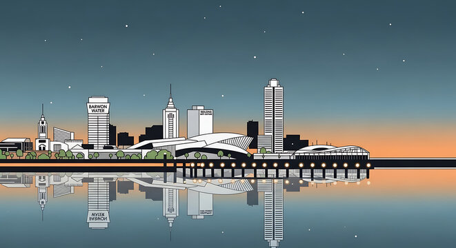Stylized Geelong city horizon depicted in simple vector line-art, highlighting recognizable skyline contours, contemporary architectural forms, and elegant urban outlines for posters and creative proj