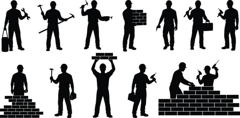 Flat vector, construction worker silhouettes, building tools, hammer, trowel, bricklaying, carrying equipment, hard hat, safety, teamwork, labor, construction site, industry