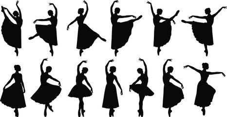 Flat vector, ballet dancer silhouettes, classical dance poses, arabesque, pirouette, relevé, tutu, leotard, graceful movement, stage performance, artistic expression, choreography © Mahafuj  Creatives