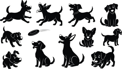 Flat vector, dog silhouettes, playful pets, running, jumping, sitting, frisbee catching, chewing bone, wagging tail, active animals, domestic dogs, training