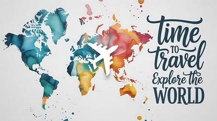 Watercolor world map with inspirational travel quote time to explore the world
