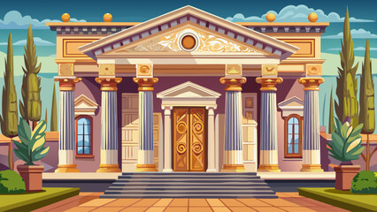 Elegant fa&ccedil;ade of an ancient Italian palazzo with intricate columns and decorative carvings, captured in a clear front-facing architectural scene