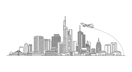 Naklejka premium Contemporary line drawing of Frankfurt skyline with airplane motif, highlighting German cityscape silhouettes, clean architectural outlines, and minimalist vector artwork for tourism and travel