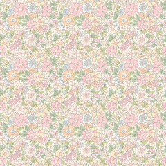 Fototapeta premium Cute feminine seamless gentle pattern with little tiny abstract flowers, liberty style. Beautiful floral pattern in small vintage flowers. Small pale color flowers. White background. Ditsy art print.