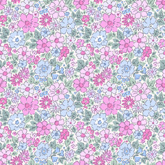 Beautiful floral pattern, small flowers. Small pastel pink, blue and lilac flowers. White background. Ditsy print. Floral seamless background. Liberty template for fashion prints. Stock flowers print  © ann_and_pen