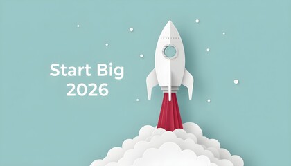 Fototapeta premium A white rocket launching into the sky with red flames and white smoke, symbolizing a big start in 2026.