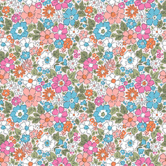 Naklejka premium Beautiful floral pattern in small flowers. Small pastel pink, blue and white flowers. Ivory background. Ditsy print. Floral seamless background. Liberty template, fashion print. Stock print for kids 