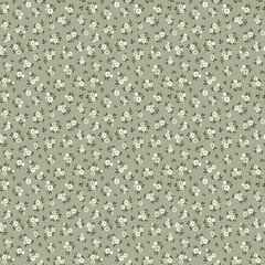 Seamless floral pattern, liberty ditsy print with rustic motif. Beautiful vintage design for fabric, paper: hand drawn plants, small flowers, tiny leaves on khaki green background. Stock vector print
