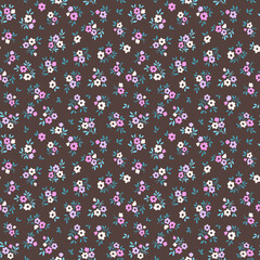 Fototapeta premium Vector seamless floral pattern. Cute pattern in small flowers. Small white, pink, lilac daisy flowers. Brown background. Ditsy floral background. Trendy Easter template for fashion textile prints. 