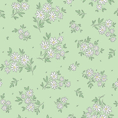 Cute floral background. Floral pattern with small white chamomile daisy hand drawn flowers on light green background. Seamless pattern for design and fashion prints. Ditsy style. Stock vector print
