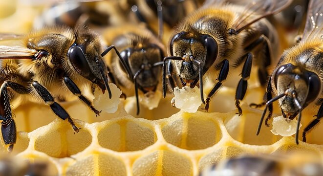 Close up of bees eating bee bread on honeycomb in apiary hive