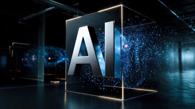 Large Chrome AI Letters in Glowing Cube on Digital Floor with Flowing Particle Effect