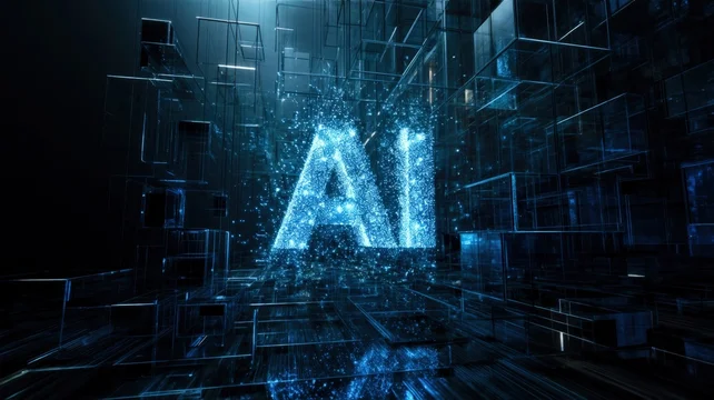 Blue sparkling letters of AI in the middle of a dark abstract digital cube system