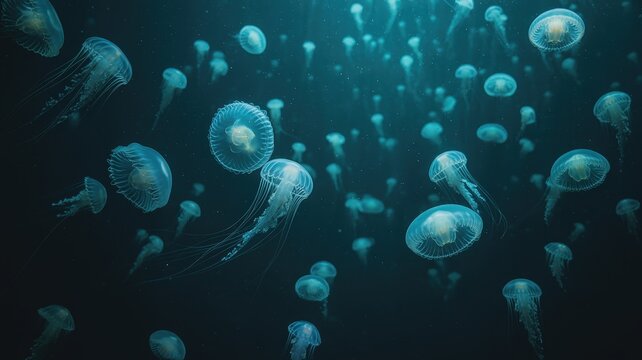 A mesmerizing school of jellyfish gracefully floats in the deep blue ocean water.