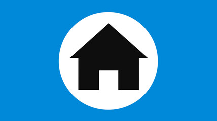 Obraz premium Black house icon in a white circle on a blue background. Home symbol for real estate, property, residential, or website navigation.