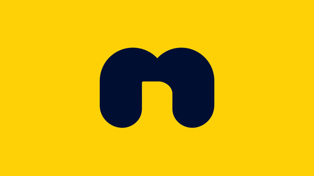 Abstract blue letter N or M shape on vibrant yellow background. Modern minimalist graphic design element, clean corporate identity concept.